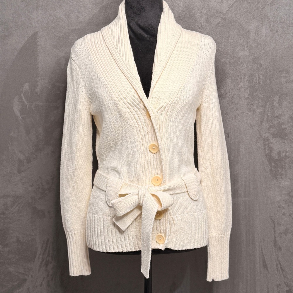 Banana Republic Cardigan XS Cream Shawl Collar Belt Cotton Sweater Y2K Fisherman